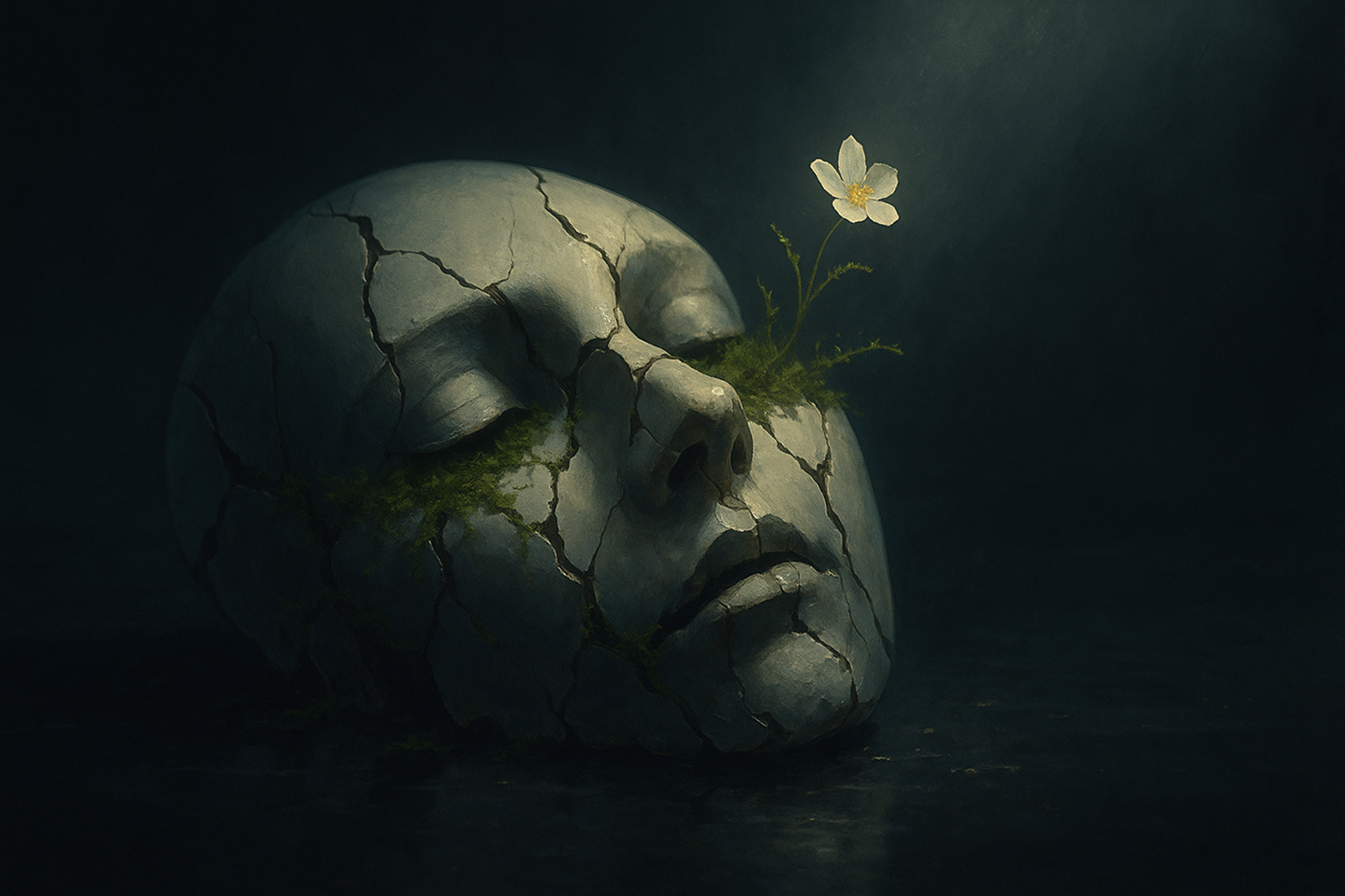 angst-vor-ablehnung-maske Aus einer steinernen Maske wächst eine Blume.