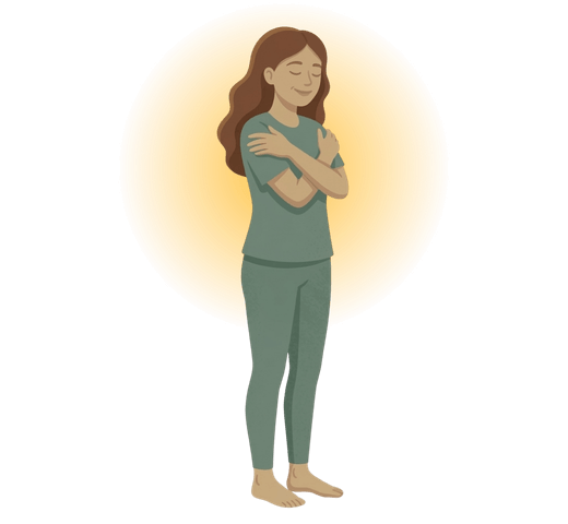 Frau umarmt sich selbst, da sie People Pleaserin war und jetzt Selbstfürsorge betreibt.