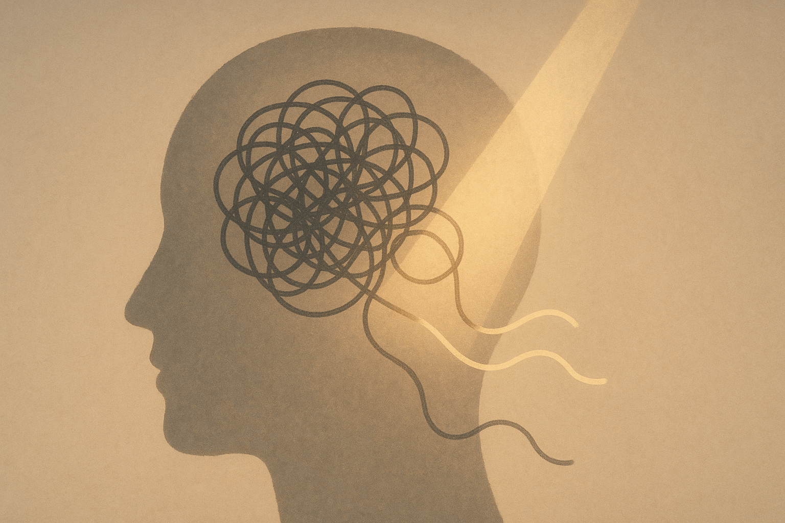eigene-beduerfnisse-erkennen-erkenntnis Ein stilisierter Kopf, in dem ein Lichtstrahl alte Muster erhellt, symbolisiert das Erkennen der eigenen Bedürfnisse durch Selbsterforschung.
