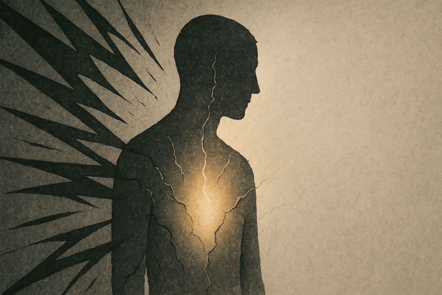 eigene-beduerfnisse-erkennen-innerer-konflikt Symbolische Darstellung einer Person, die ihre eigenen Bedürfnisse erkennt, indem sie den inneren Konflikt zwischen Leistungsdruck und Gefühl überwindet.