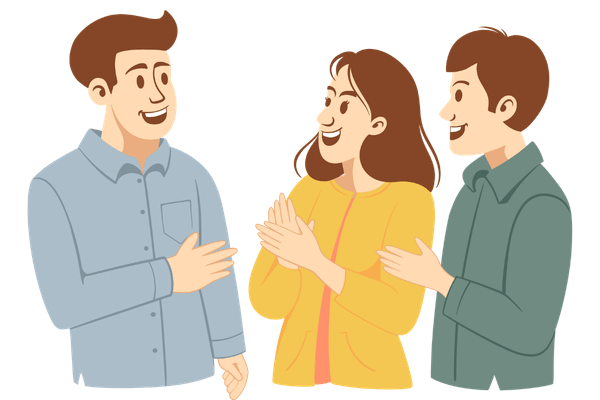 Gruppe von Menschen, die miteinander reden und die Harmonie wahren, weil einer von ihnen harmoniebedürftig ist.