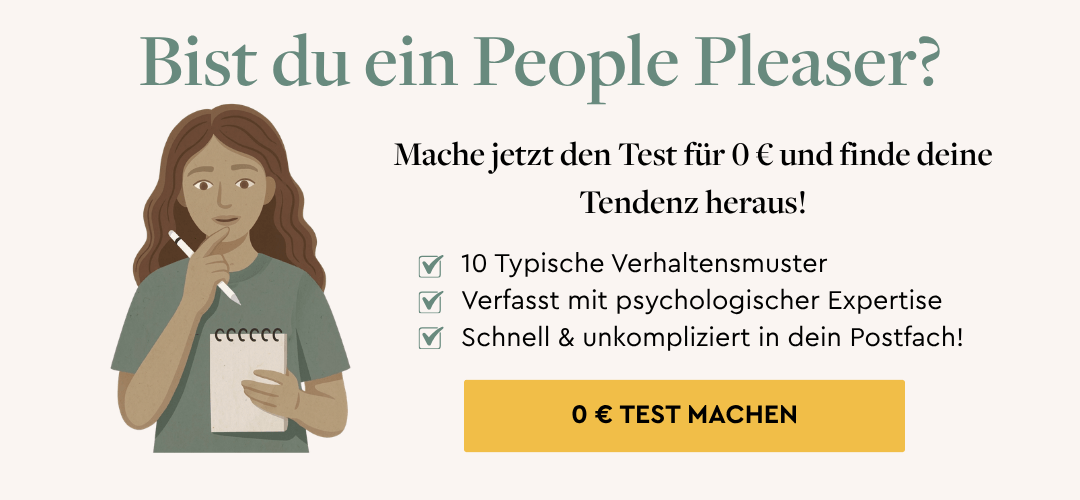 People Pleaser Test Grafik mit einer Frau, die ein Quiz für People Pleaser ausfüllt.