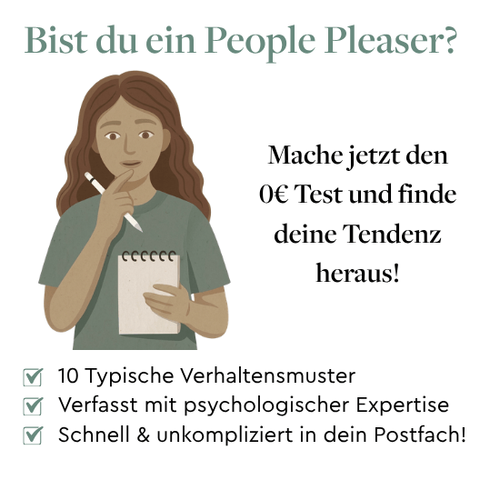 People Pleaser Test Grafik mit einer Frau, die ein Quiz für People Pleaser ausfüllt.